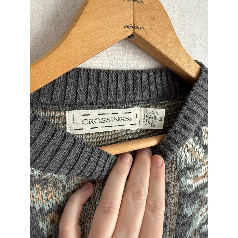 Crossings Vintage Mens Deer Intarsia Knit Cotton Sweater Made in USA Grey M